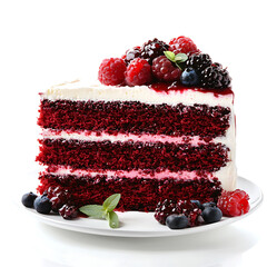 Canvas Print - A slice of red velvet cake with cream cheese frosting and mixed berries on a white plate.