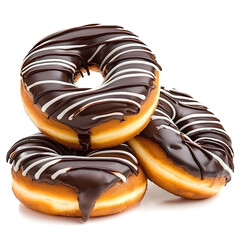 Wall Mural - A stack of glazed donuts drizzled with chocolate and white stripes, against a bright white background.