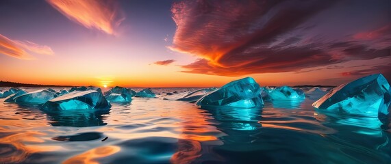 Wall Mural - A dynamic view of crystal clear waters reflecting the vibrant colors of sunset where serenity and beauty intertwine magnificently