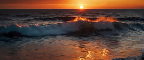 Wall Mural - A dramatic sunset view reflecting over glistening ocean waves with vibrant colors blending into a tapestry of natures breathtaking beauty