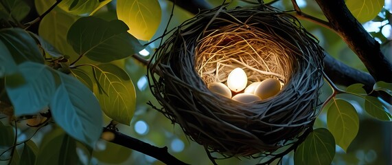 Wall Mural - A crisp closeup of a beautiful birds nest cradled in leafy branches hidden treasures showcasing the elegance of life in nature