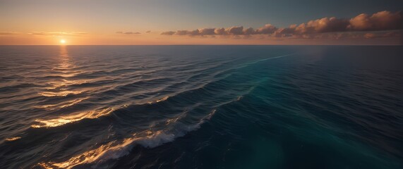 Wall Mural - A cozy representation of tranquil ocean waters stretching toward the horizon where sky and sea blend beautifully at sunset