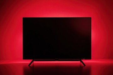 Fototapete - Static television screen illuminated by a vibrant red background in a darkened room creating a striking visual effect