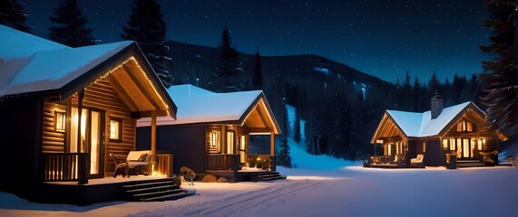 Wall Mural - A charming representation of cozy cabins embraced by snow inviting warmth and connection during winter nights under the twinkling stars