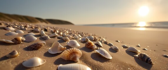 Wall Mural - A charming closeup of tiny shells scattered on sun kissed sand celebrating the treasures found along the shoreline of lifes journey