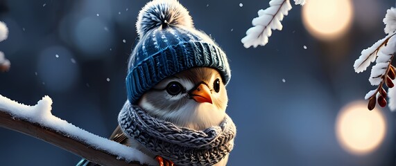 Wall Mural - A charming closeup of a trendy bird donning a knitted scarf and beanie perched carefully on a snowy branch representing winter joy