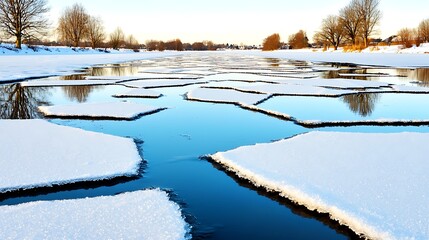 Canvas Print - Serene winter landscape featuring fractured ice on a tranquil river reflecting the sky