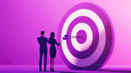 Wall Mural - Businessmen working and woman at big target with arrow. Goals and objectives, business grow and plan, goal setting concept on white background. Bright vibrant violet vector isolated illustration