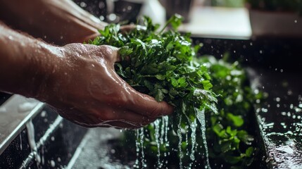 a person washing a bunch of greens in a sink