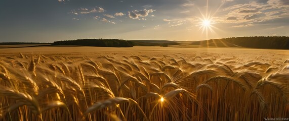 Wall Mural - A captivating image of billowing wheat fields dancing under a breeze where golden hues blend seamlessly with the bright summer sky