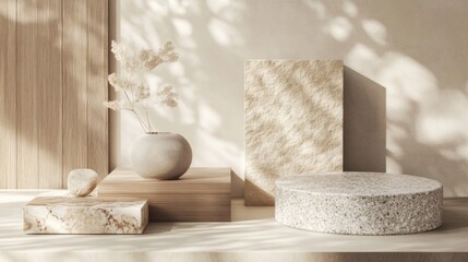 Wall Mural - Minimalist Natural Aesthetic Display with Wood and Stone Podiums