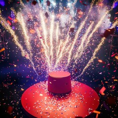 Wall Mural - Celebration podium with fireworks and confetti in an event space