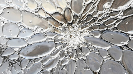 Close-up of shattered glass creating an intricate pattern with reflections and water droplets. Shattered Reflections. Illustration