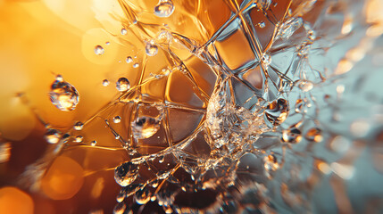 Close-up of shattered glass creating an intricate pattern with reflections and water droplets. Shattered Reflections. Illustration