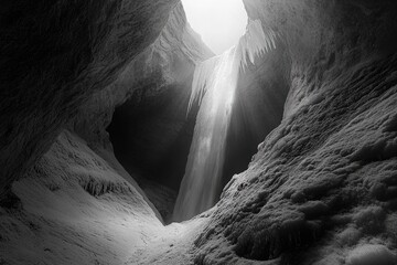 Canvas Print - A mesmerizing monochrome view of a waterfall cascading through a snow-covered gorge, sunlight illuminating the scene.