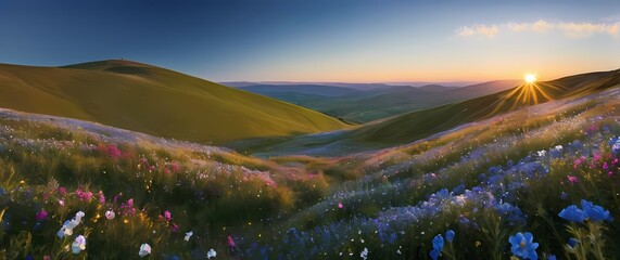 Wall Mural - A breathtaking view of rolling hills carpeted with blooming wildflowers each blossom inviting and bright against the expansive blue sky