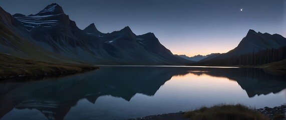 Wall Mural - A breathtaking view of a serene mountain landscape reflected on still waters at twilight creating a perfect mirror of natures wonders