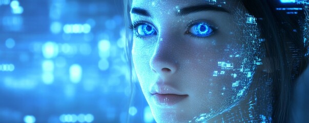 Wall Mural - Futuristic portrait of woman with digital effects and blue lights