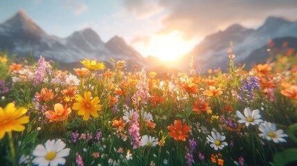 Wall Mural - Sunset alpine meadow wildflowers, mountain backdrop, nature scene, travel poster