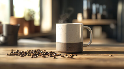 White And Brown Ceramic Coffee Mug On Wooden Table With Coffee B