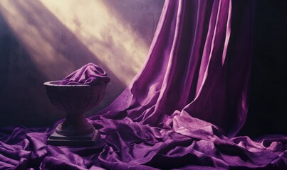 Sticker - Elegant arrangement of silk fabric in rich purple hues, draped gracefully with soft lighting, creating a luxurious texture concept