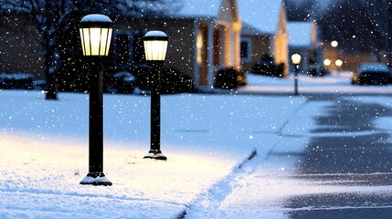 Wall Mural - Snow-covered street with glowing lamps illuminating a quiet neighborhood during snowfall at dusk