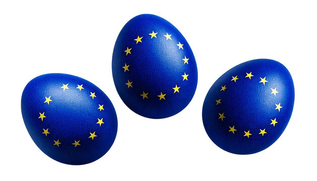 Ostereier mit Europa-Flaggen bemalt, in leuchtenden Farben und detailreichen Mustern, symbolisieren Vielfalt und kulturelle Einheit. Perfekt für internationales Osterfest