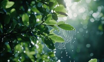 Detailed macro shot of raindrops clinging to a spiderweb in a lush garden, reflecting light and creating a delicate visual.
