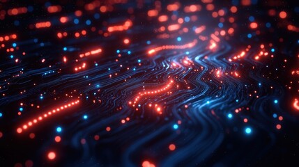 Fototapete - Abstract digital network data flow, glowing lines and nodes, technology background, website header