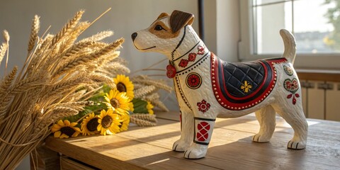 Decorative wooden dog figurine surrounded by sunflowers and wheat in a bright room