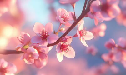 Wall Mural - Delicate cherry blossom branches in full bloom, their soft pink petals glowing under warm sunlight with a blurred nature background