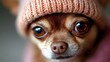 © Yuliia - Adorable Chihuahua dog wearing knitted beanie hat close-up portrait showing expressive eyes and tiny nose, pet fashion and winter accessories concept.