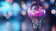 © Yuliia - Light bulb with glowing pink stock market chart inside on blurred blue and gold bokeh background, creative business and investment concept.