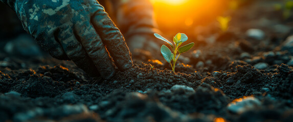 Wall Mural - A person is planting a seed in the dirt. Concept of growth and new beginnings