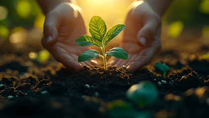 Wall Mural - A person is planting a seedling in the dirt. Concept of nurturing and growth, as the person carefully places the plant in the soil