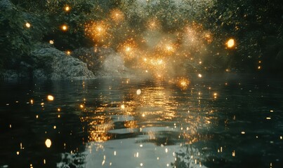 Wall Mural - vibrant fireworks exploding over a serene lake, reflections shimmering on the water, a moment of cel
