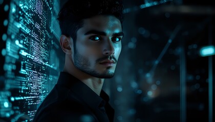 Young Middle Eastern male professional against digital code background in dark setting with cyan technological illumination, representing cybersecurity expert or programmer.