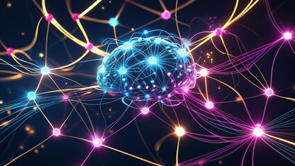 complex neural network interconnected with brain, nodes, and glowing lines. a dynamic web of intelli
