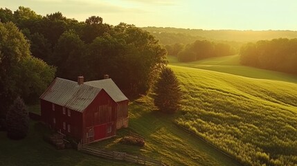 Serene sunset over a rustic red barn surrounded by lush green fields and trees