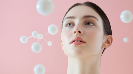 youthful radiance: serene young woman with flawless skin gazes upward, surrounded by floating molecu