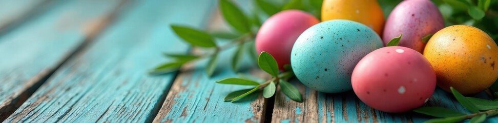 Close-up of speckled and solid color Easter eggs on weathered wood surface,  pattern,  spring,  celebration