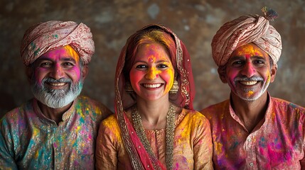 Wall Mural - Capture beauty of tradition with a candid portrait series showcasing people adorned in traditional Holi attire their faces smeared with vibrant colors and beaming smiles