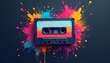 © Maryna - Colorful retro cassette tape surrounded by vibrant paint splatters. Nostalgia for 80s, 90s music culture. Melting tape evokes sense of musical remix, celebration. Contemporary art style. Funky,