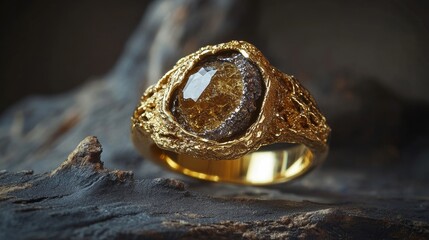 Wall Mural - Gemstone jewelry golden ring with nature stone texture in studio lighting.