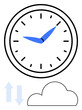 © robu_s - Analog clock with blue hands indicating time, situated above a cloud and bidirectional arrows. Ideal for productivity, time management, cloud computing, data transfer, synchronization, scheduling