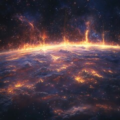 Wall Mural - celestial explosion over cosmic landscape space digital art ethereal environment aerial view fantasy