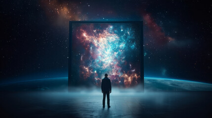 Wall Mural - the cosmic gateway: a solitary figure stands silhouetted against a glowing, otherworldly portal, a v