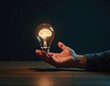 © Maryna - Hand holds glowing light bulb with brain icon inside. Creative idea concept. Inspiration, innovation on wooden table. Dark background with copy space. Person holds lamp with brain shape. Concept of