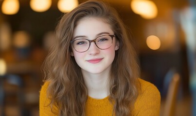 Wall Mural - Young woman in glasses, cafe setting, smiling, portrait