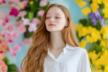 Wall Mural - Woman with long red hair in front of flowers. Possible use beauty, fashion, lifestyle ad